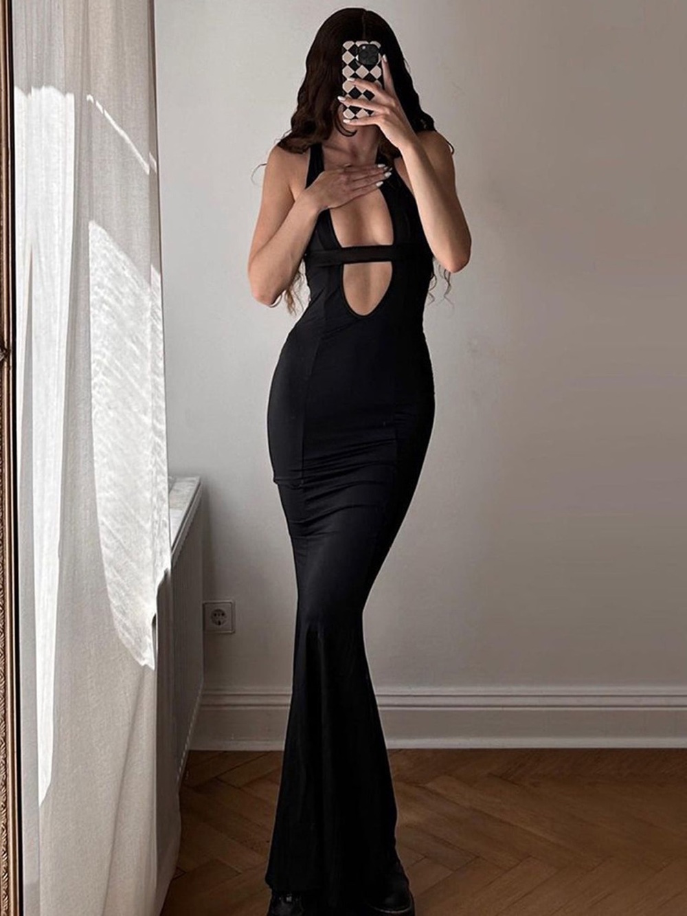 NWT COMMENSE Solid Cutout Cami Maxi Dress Black Size S - Picture 2 of 12